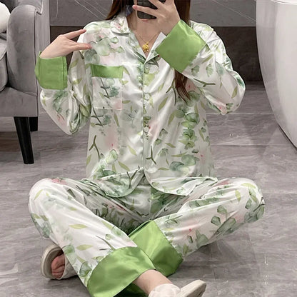 Korean Style Women's Two-piece Pajamas Sets Fashion Flower Print Faux Silk Satin Sleepwear Female Long Sleeve Pants Housewear 23