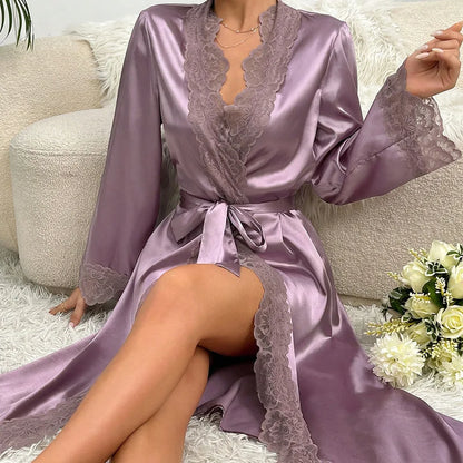 New Long Bathrobe Sexy Lace Light Luxury Long Sleeve Velvet Robe Bathrobe Bathrobe Home Wear