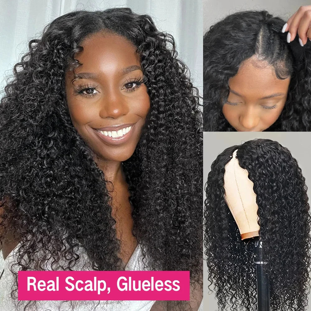 Glueless Kinky Curly V Part Wig Human Hair No Lace Wig Deep Wave Frontal Wig Water Wave Human Hair Wig Brazilian Hair For Women Badiee Stylez