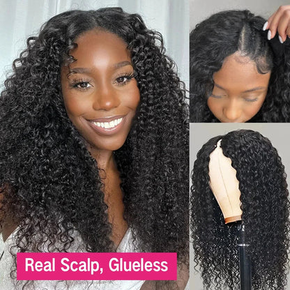 Glueless Kinky Curly V Part Wig Human Hair No Lace Wig Deep Wave Frontal Wig Water Wave Human Hair Wig Brazilian Hair For Women Badiee Stylez