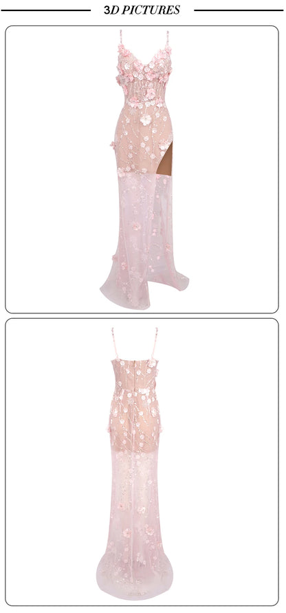 VC Diamond Beaded Spaghetti Strap Long Dress Pearls Sequins Structured Flowers High Split Sheer Mesh Trendy Celebrity Party Gown Badiee Stylez