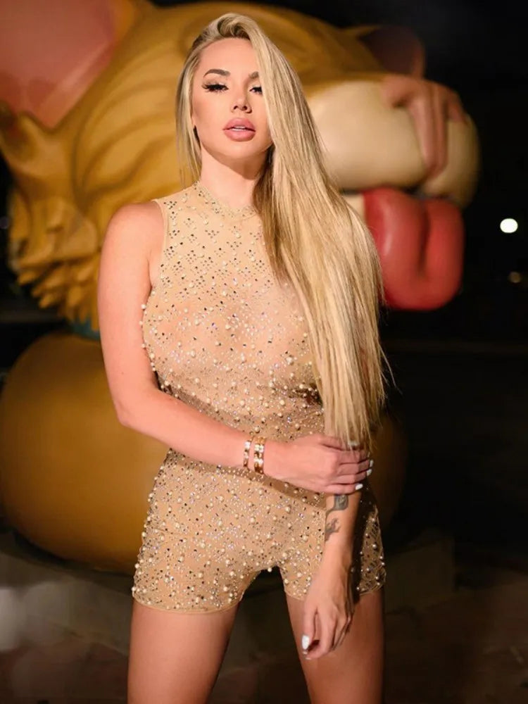 Sexy O-neck Sleeveless Jumpsuit Women Summer Beaded Mesh Rompers Skinny Elegent One Piece Apricot Fashion Hot Combinaison Femme