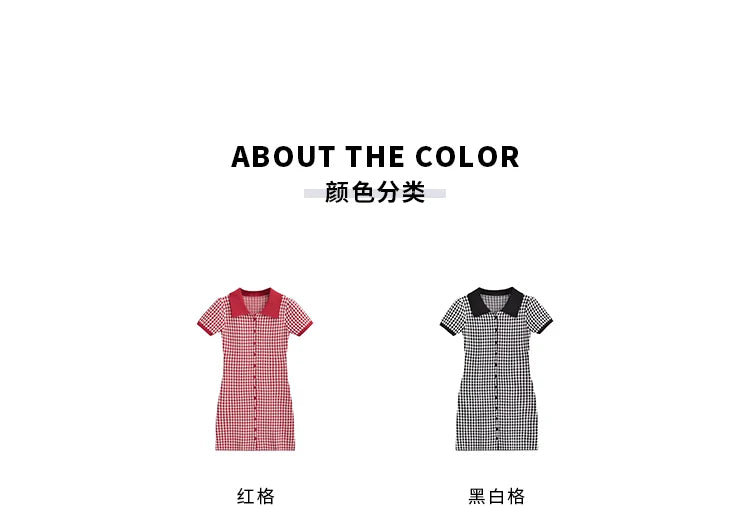 American Style Diamond Checkered Lapel Single Breasted Slim Short Sleeved Dress Elegant Tight Thin Dress T Shirt Mini Dress X0P7 Badiee Stylez