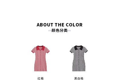 American Style Diamond Checkered Lapel Single Breasted Slim Short Sleeved Dress Elegant Tight Thin Dress T Shirt Mini Dress X0P7 Badiee Stylez