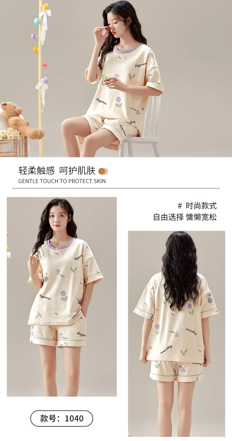 Summer 100% Cotton Women's Pajamas With Padded Bra Sweet Princess Cartoon Comfortable Short Sleeve Shorts Pajama Sets