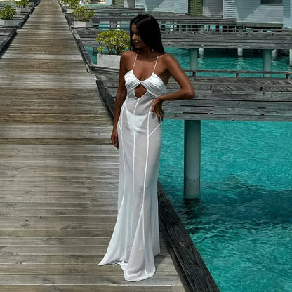 Shestyle 2025 Women Summer Outfits Beachwear Vacation Transparent Mermaid Dress Backless V Neck Spaghetti Strap Hollow Out