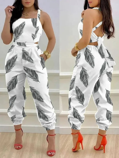 New Summer Fashion Printed Sleeveless Jumpsuit Sexy Hollow Backless Lace Up Long Jumpsuits Elegant Casual Jumpsuit With Pocket Badiee Stylez