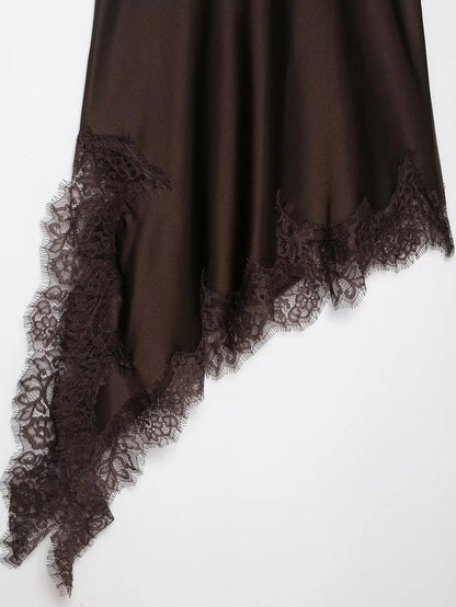 Satin Sexy Lace Spliced Short Sling Dress Women Sleeveless Backless Asymmetric Sexy Party Dresses 2025 Summer Lady Dress ﻿ Badiee Stylez