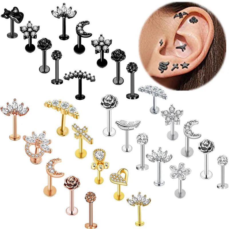 5PCS Flower Tragus Piercing Set Flat Back Cz Cartilage Stud Earring Helix Jewelry Conch Rook Stud Lot Labret Lip Piercing Bulk