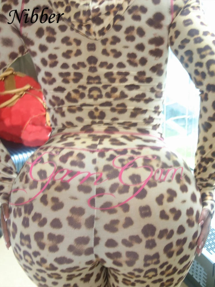 Nibber Leopard Print 2 Piece Set Women's Autumn Tracksuit Athleisure Hooded Crop Jacket + Flared Pants Stretch Matching Suit