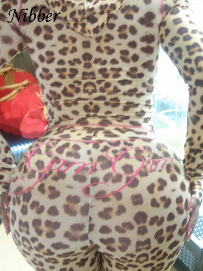 Nibber Leopard Print 2 Piece Set Women's Autumn Tracksuit Athleisure Hooded Crop Jacket + Flared Pants Stretch Matching Suit