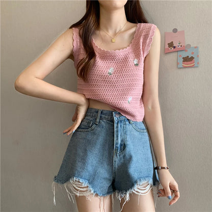 Women Summer Flower Embroidered Knit Tank Tops O-Neck Sleeveless Sweet Camisole Crochet Outer Wear Vintage Loose Inner Crop Tops PINK One Size