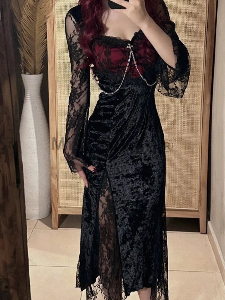 Summer Gothic Grunge Y2k Lace Dress Women Dark Academia Sexy Slim Party Dresses Korean Fashion Design Festival Long Prom Dress