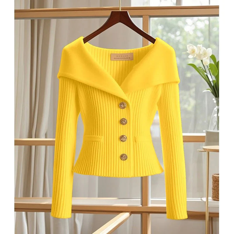 2025 New Women Cardigan Sweater High Quality High-end chic Long Sleeve Knitwear Autumn Winter Female Clothes Sweater Jacket Yellow CHINA