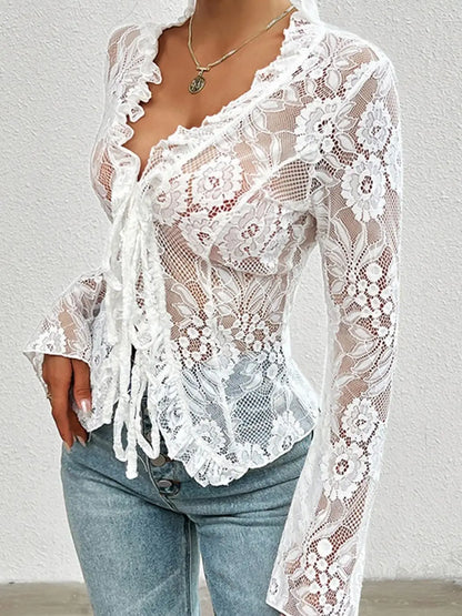 Women Gothic Lace Shrug Crop Tops Flare Long Sleeve Vintage Shirts Blouses for Cosplay Role-Playing Party Halloween Costume