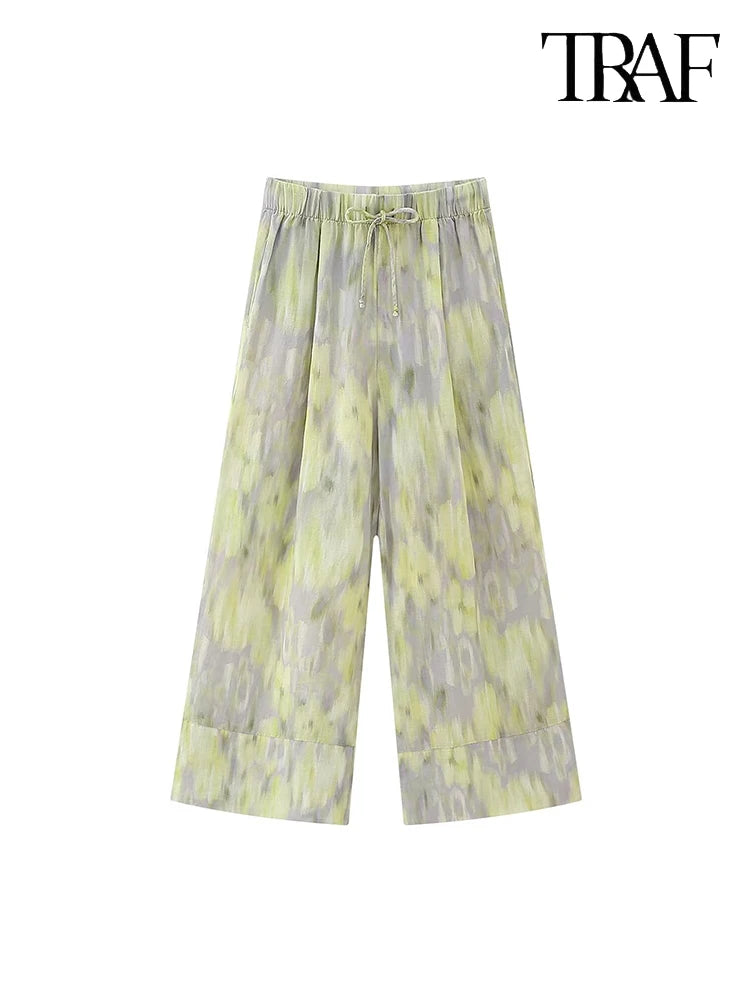 TRAF Women's single-breasted V-neck long-sleeved shirt Drawstring high-waisted wide-legged trousers Retro Printed Cotton Set Pant-K343