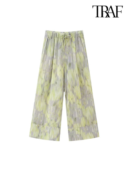 TRAF Women's single-breasted V-neck long-sleeved shirt Drawstring high-waisted wide-legged trousers Retro Printed Cotton Set Pant-K343