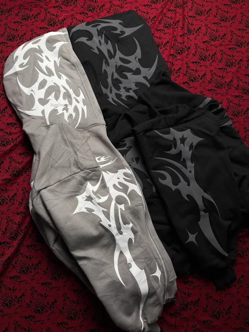 Striped Print Harajuku Gothic Casual Loose Sweatshirt Men Fashion Retro Hip-hop Y2K 2025 Rock Streetwear Oversized Hoodie Women