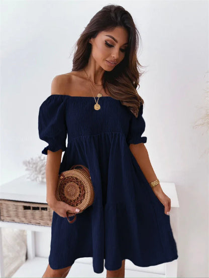 New Short Sleeve Off The Shoulder High Waist A-Line Pleated Dress Sexy Club Outfits Solid Color Summer Dress Women 2025 8