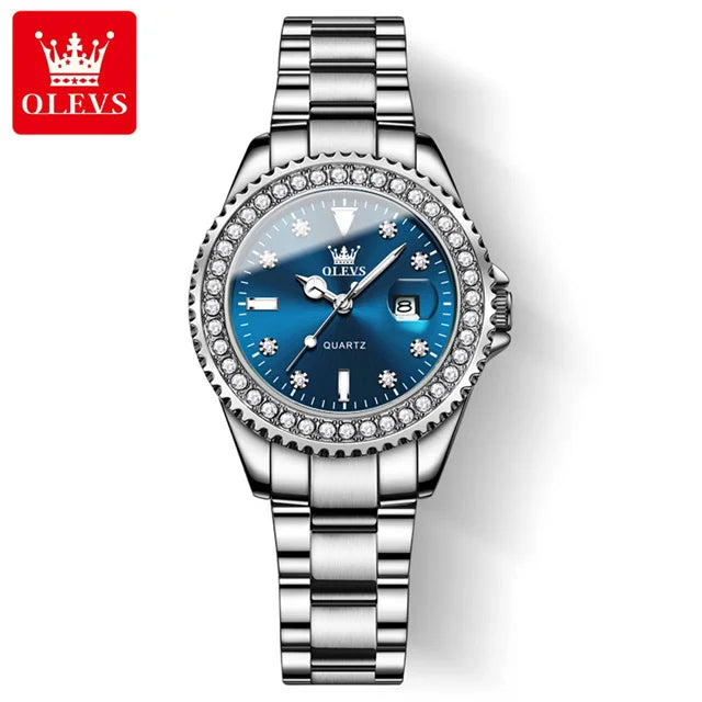 OLEVS Original Diamond Dial Quartz Watch for Women Fashion Elegant Ladies Watches Stainless Steel Waterproof Women's Wristwatch Silver Blue-GDBL