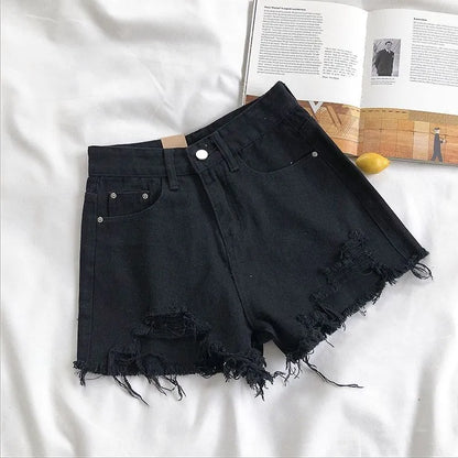 Korean Denim Shorts Women Summer Fashion Casual High Waist Ripped Jeans Pocket Tassel Y2K Hot Pants Streetwear Blue Trousers black