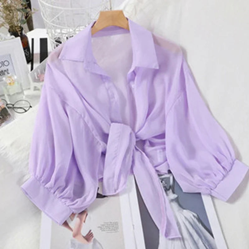 Casual Loose Hollow White Clothes Elegant Solid Color Tied Waist Blouse Women Summer Bat Half Sleeve Button Chiffon Shirt 9776 PURPLE