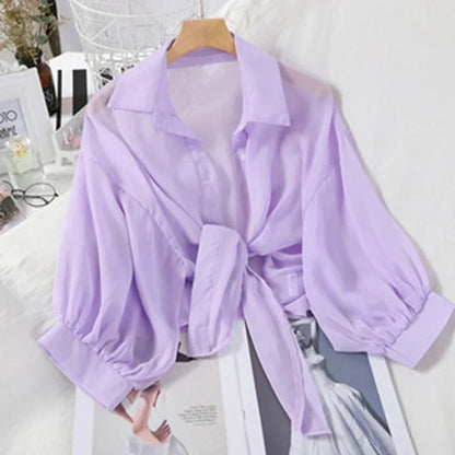 Casual Loose Hollow White Clothes Elegant Solid Color Tied Waist Blouse Women Summer Bat Half Sleeve Button Chiffon Shirt 9776 PURPLE