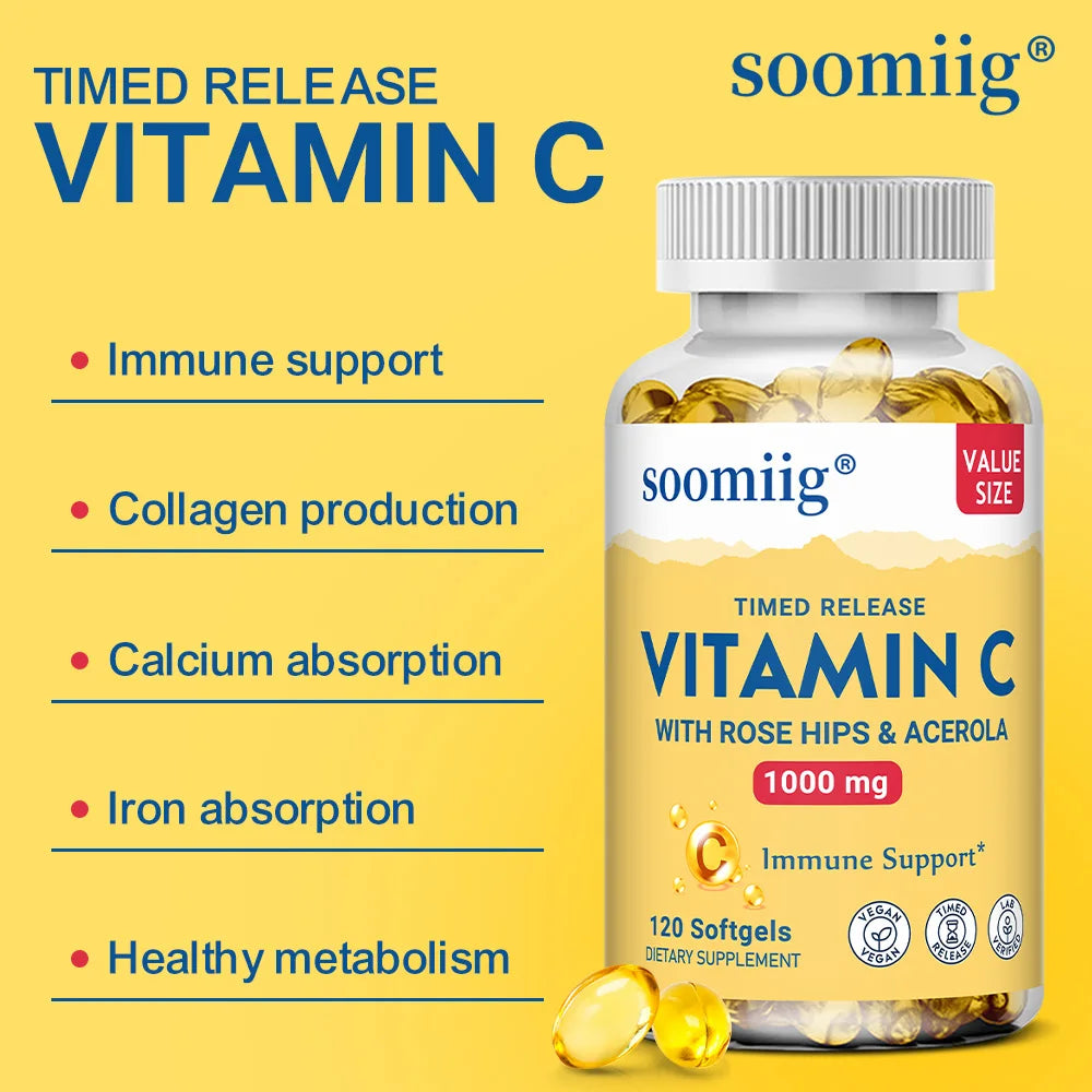 Vitamin C W/Rose Hips & Acerola | 1000mg | Two-Stage Timed-Release Healthy Immune Function, Skin, Hair & Nails Support | Non-GMO
