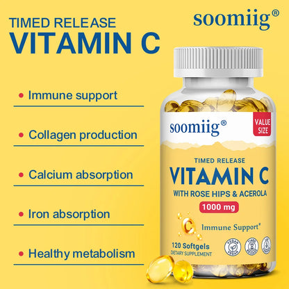 Vitamin C W/Rose Hips & Acerola | 1000mg | Two-Stage Timed-Release Healthy Immune Function, Skin, Hair & Nails Support | Non-GMO