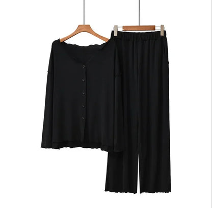 Japanese new style cotton pajamas suit ladies spring and autumn cardigan solid color long-sleeved trousers home service suit black One Size