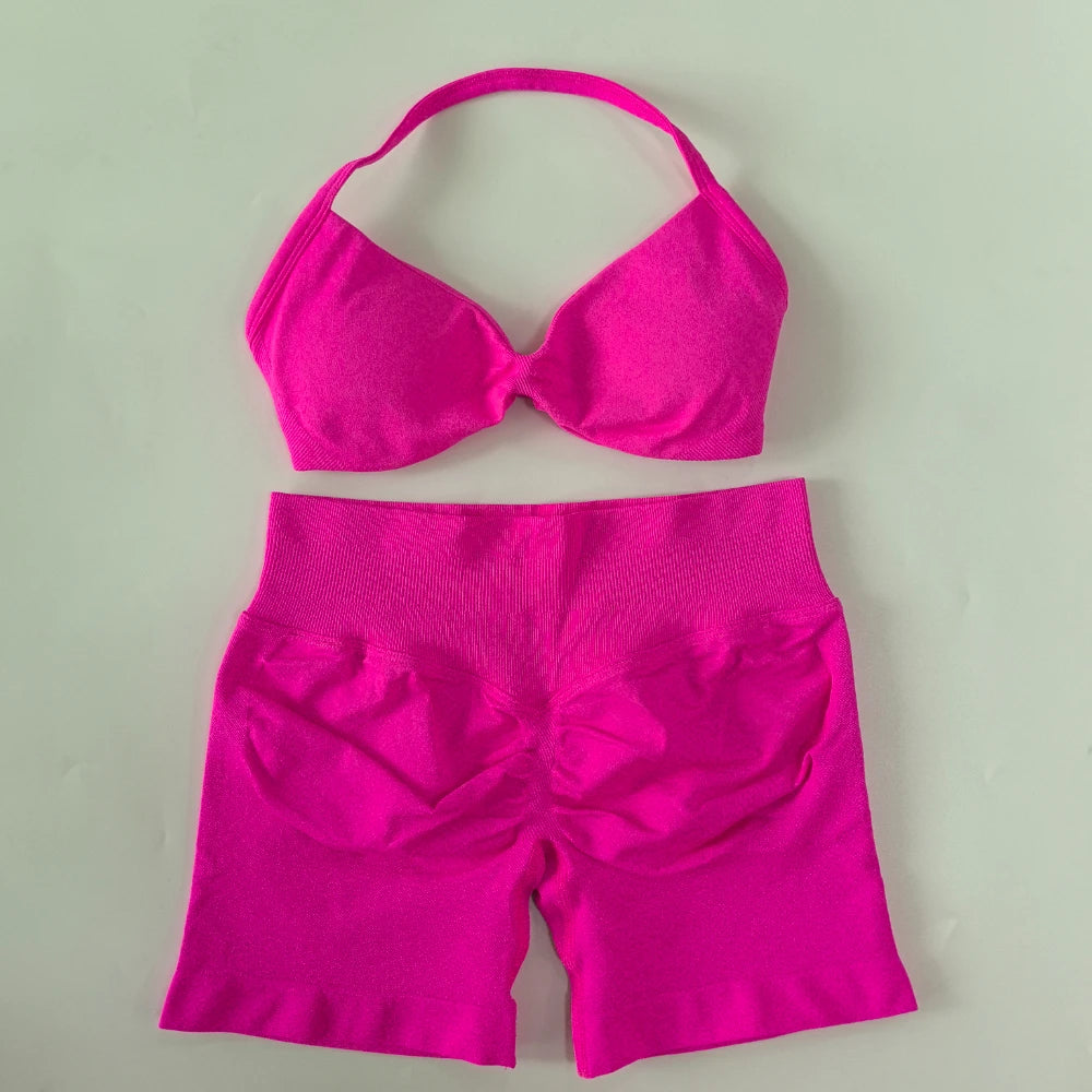 NO LOGO 2PCS Gym Set Women Strappy Yoga Bra Top High Waist Workout Scrunch Shorts Sports Suit Seamless Yoga Set Fitness Clothes Badiee Stylez