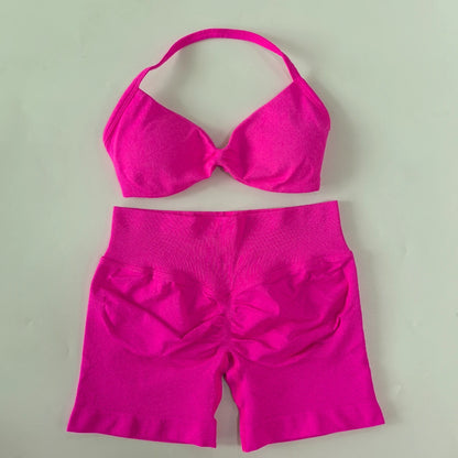 NO LOGO 2PCS Gym Set Women Strappy Yoga Bra Top High Waist Workout Scrunch Shorts Sports Suit Seamless Yoga Set Fitness Clothes Badiee Stylez