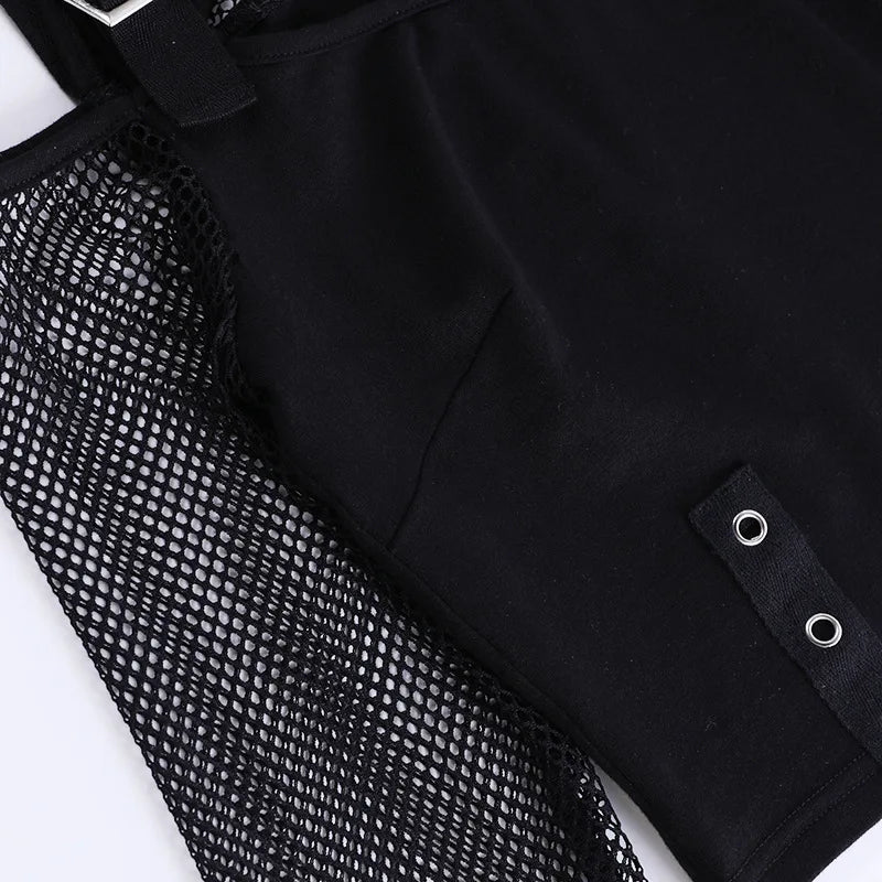 Goth Dark Mall Gothic Fishnet Patchwork T-shirts Grunge Punk Hollow Out Buckle Crop Tops Techwear Fashion Female Alt Streetwear
