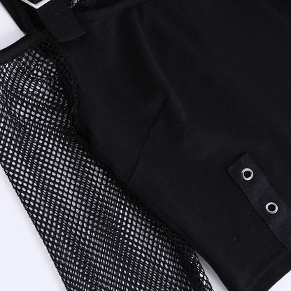 Goth Dark Mall Gothic Fishnet Patchwork T-shirts Grunge Punk Hollow Out Buckle Crop Tops Techwear Fashion Female Alt Streetwear