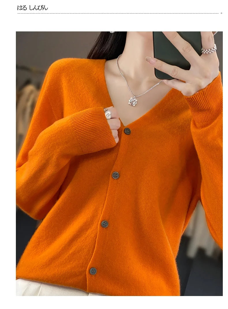 100 Merino Wool Knitted V-neck Sweater Women's Top Loose Korean Version Fashionable Versatile Autumn And Winter Cashmere Sweater