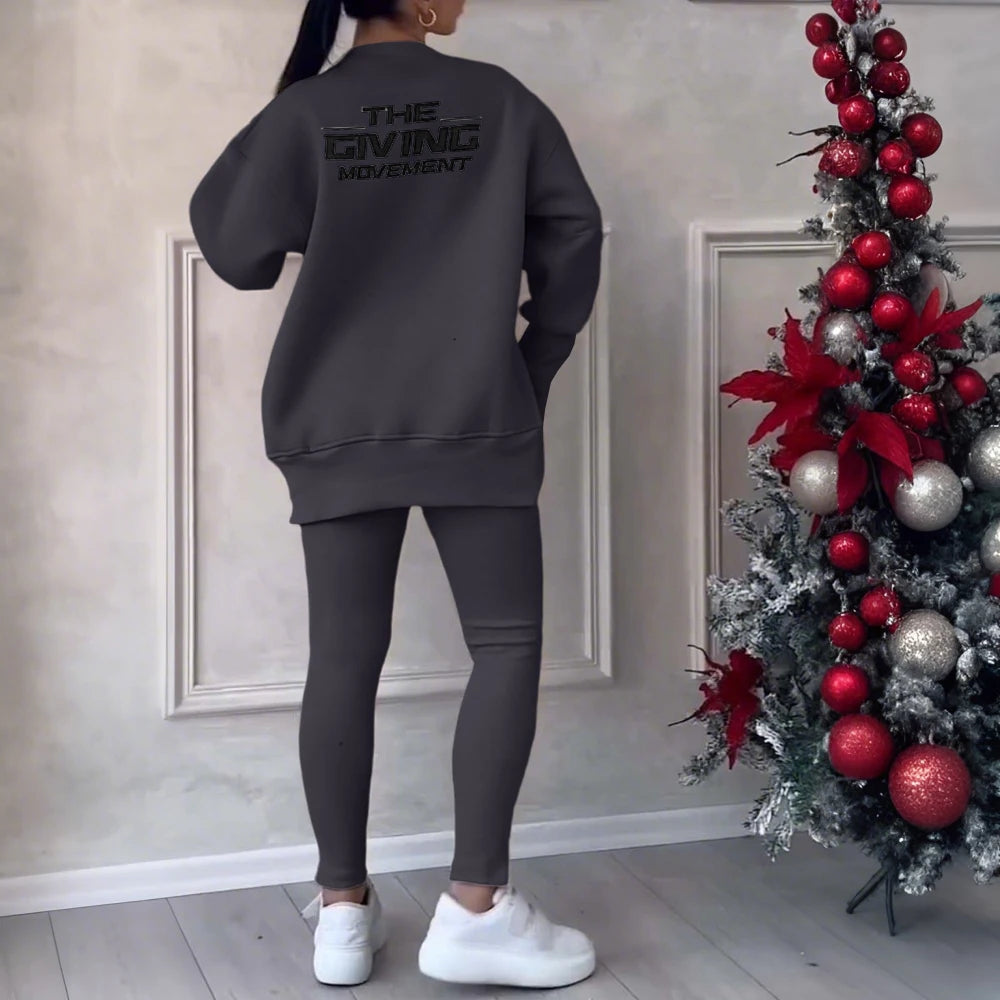 Women Two Piece Set Irregular Sweatshirt Long Sleeved Pullover Top Trouser Pants Set Autumn Winter Lady Solid Loose Outfits M L