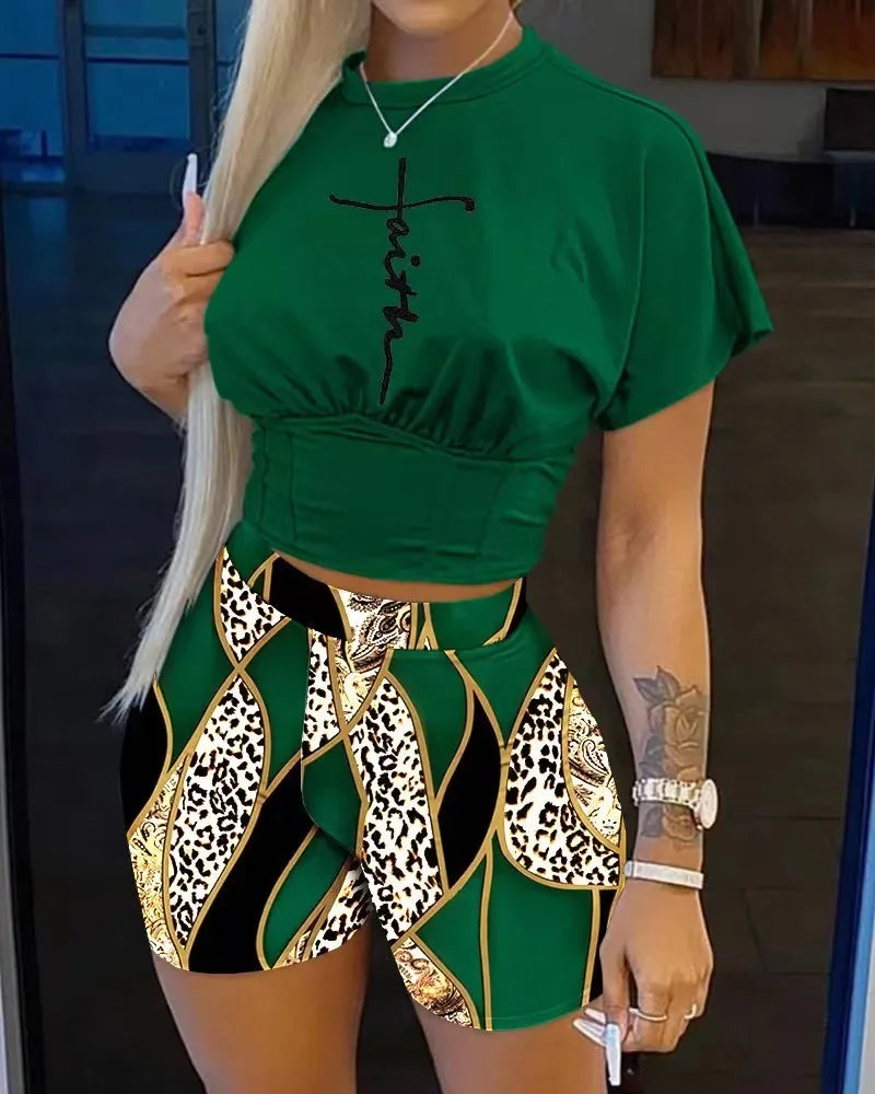 Women Two Piece Short Sets Round Neck Crop Tops Pullovers High Waist Shirts Elastic Waist Shorts Matching Sets Y2k Summer