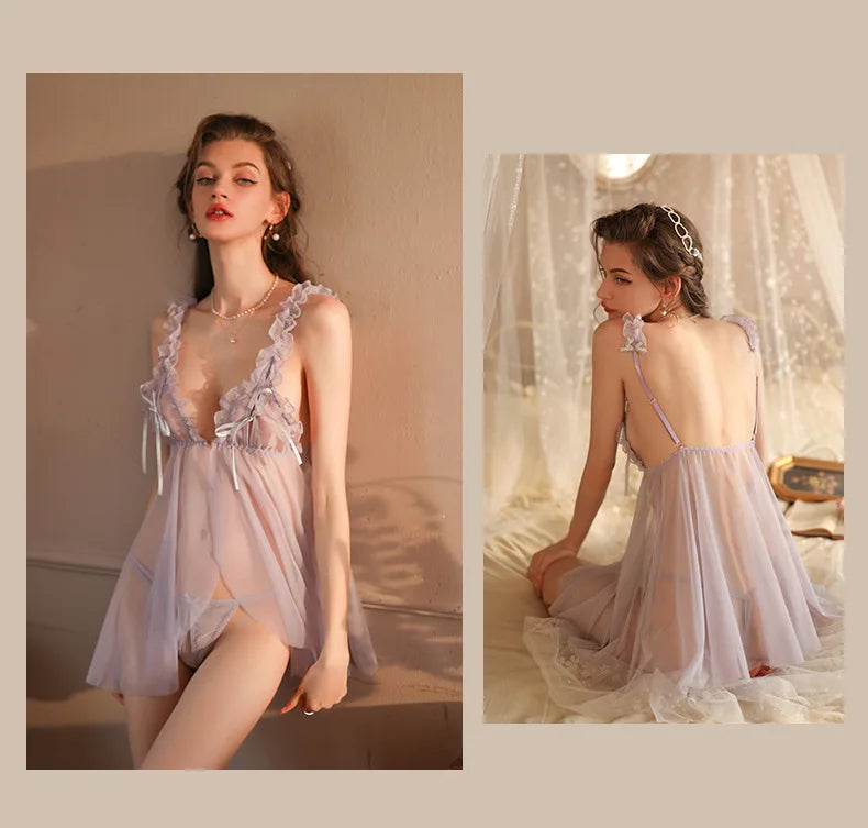 Sexy Lace Lingerie Women's Summer Thin Transparent Tops Gauze Attractive Home Clothes Temptation Women Pajamas Set Nightgown