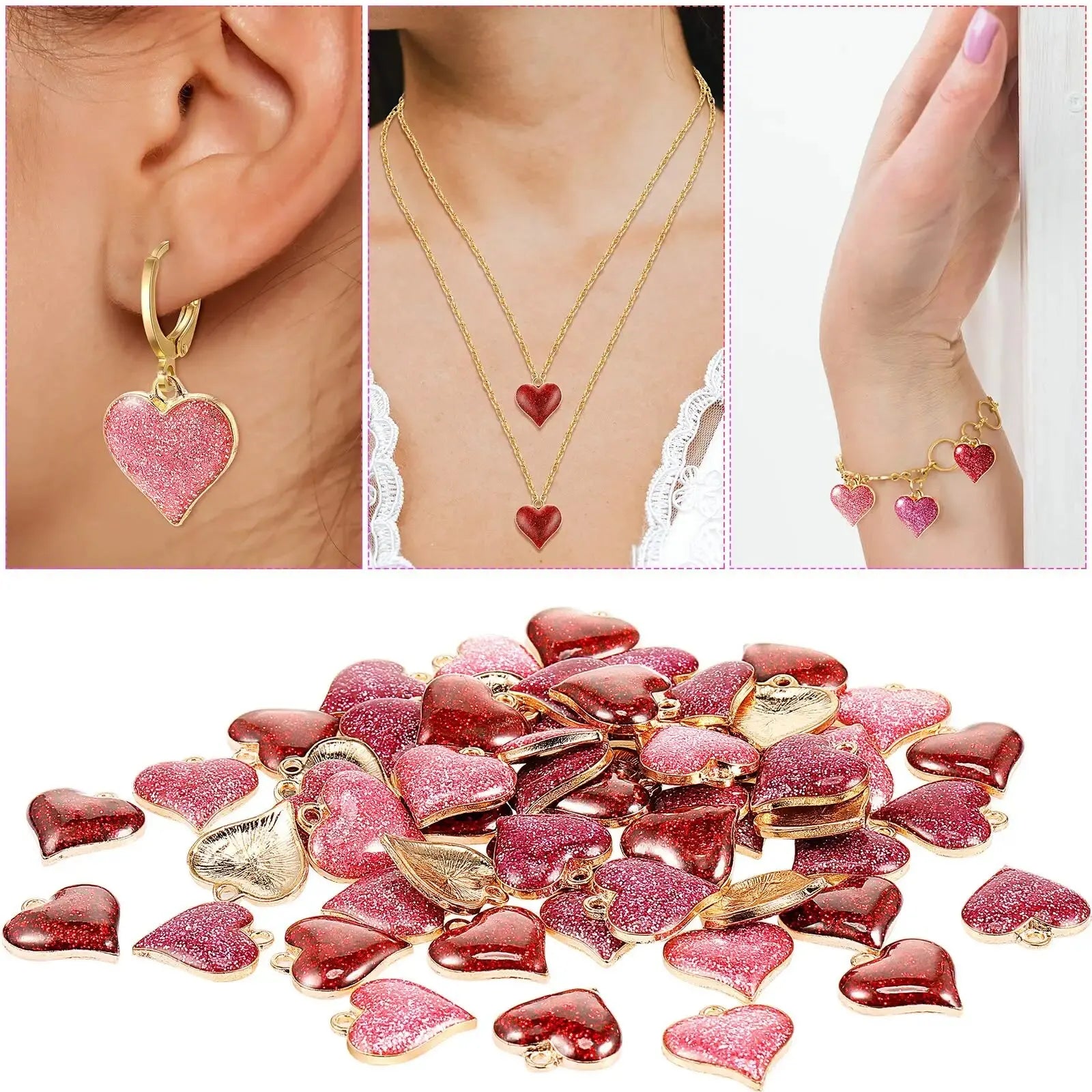 15pcs Heart Shape Pendant Charms Pink Red Valentines Love Oil Drip Metal Glitter Powder For Jewelry Making DIY Bracelet Necklace