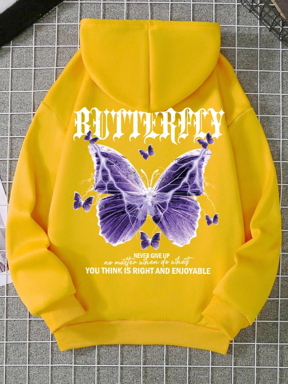 Beautiful Purple Butterfly Printing Hoodies Women Fleece Pocket Hoody Simple Casual Hoodie Autumn Loose Female Streetwear Yellow