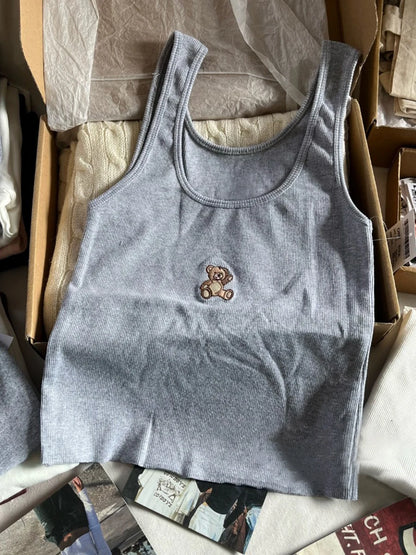 Cute Animal Embroidery Tank Tops Women Summer Lace Trim Cotton Sleeveless Camisole Vests Solid Vintage Sweet Slim Crop Top Y2k Bear-gray One Size