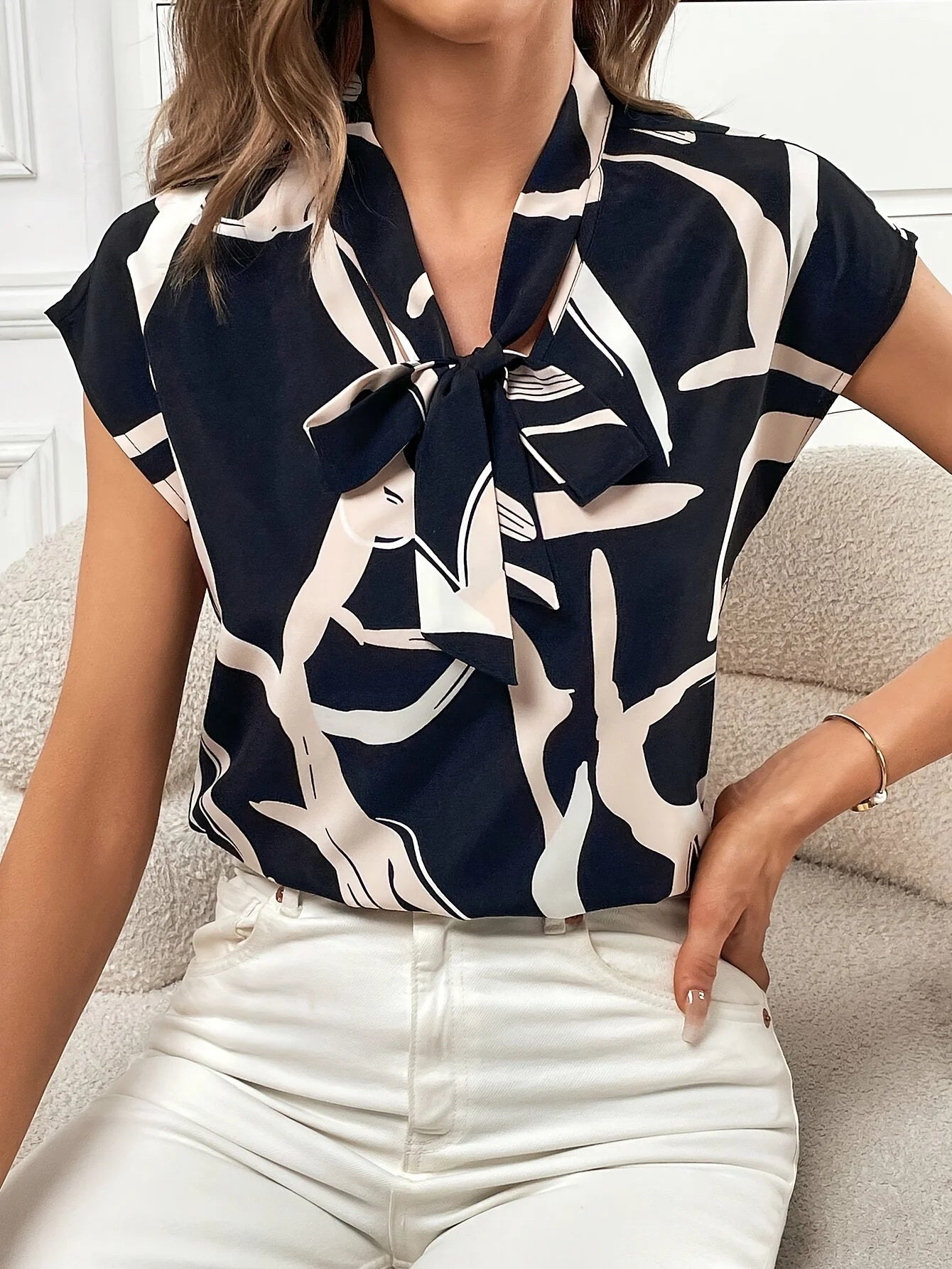 Brush Print Tie Neck Blouse, Elegant Short Sleeve Top For Spring & Summer, Women's Clothing
