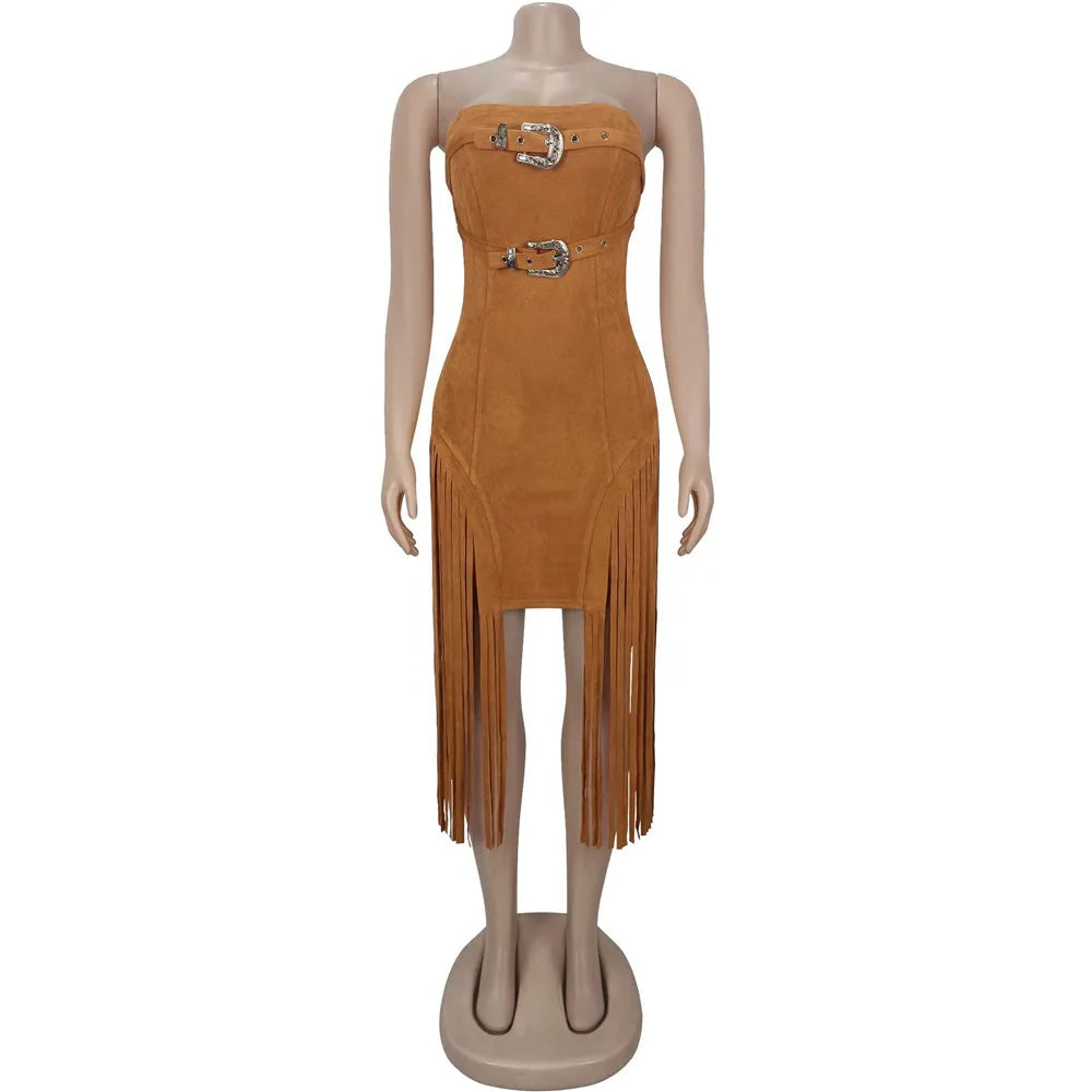 RLMABABY Sexy Strapless Tassel Bodycon Mini Dress Women Gown Slim Backless Sleeveless Metal Buckle Club Party Sheath Short Dress