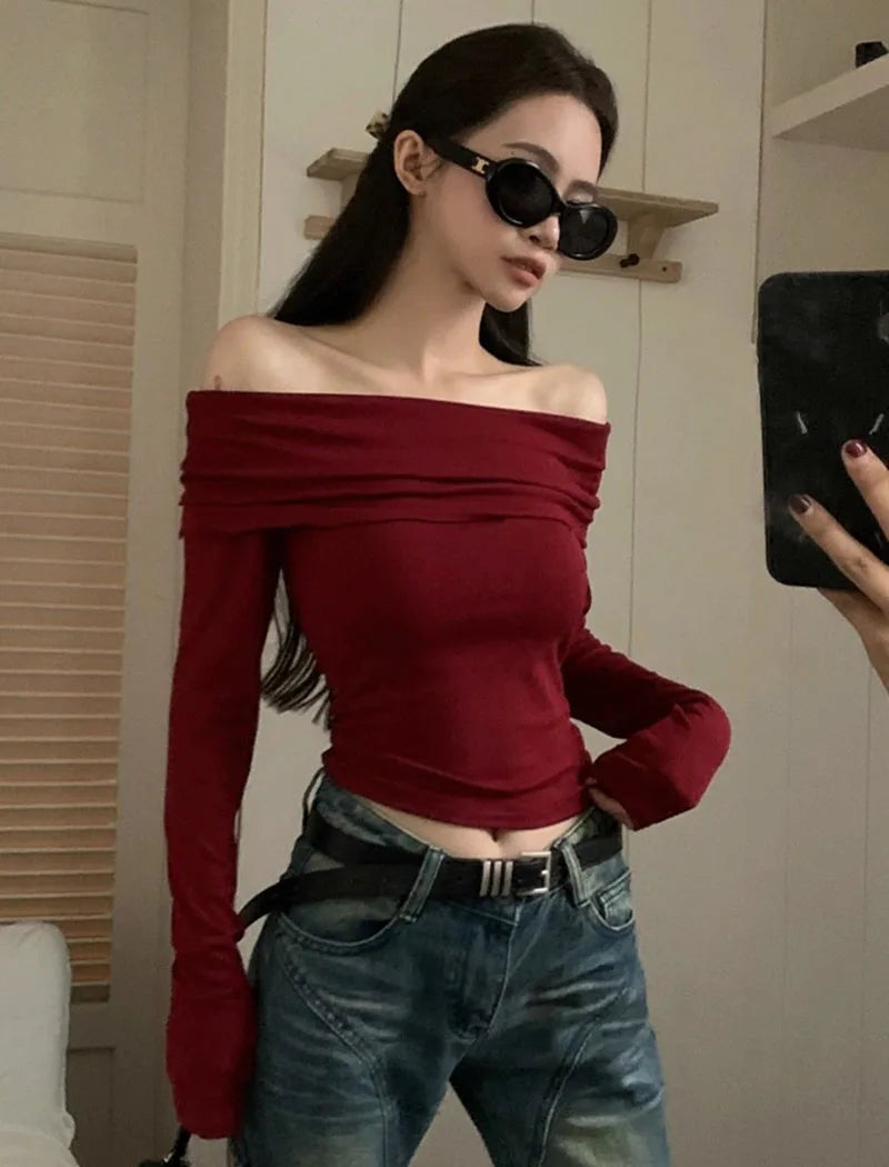 Xpqbb Vintage Slash Neck Pullover Women Korean Fashion Slim Long Sleeve Short Blouses Ladies Sexy Off Shoulder Club Party Tops