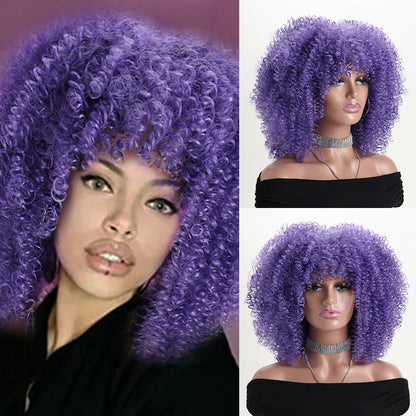 16 Inch Afro Kinky Curly Hair Wigs With Bangs Soft Fluffy Synthetic Fiber None Lace Wigs For Party Cosplay Daily Use Badiee Stylez