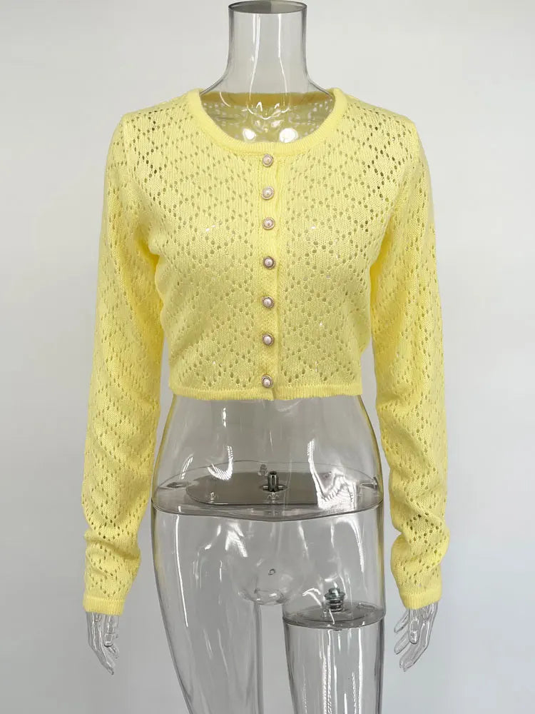 Tossy Summer Knitwear Hollow Out Cardigan Female Long Sleeve Casual Cropped Top Patchwork See-Through Knit Cardigan Outwear 2025