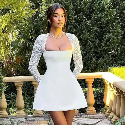 Townlike Lace Patchwork Waist Wrap A-line Dress Women Mini 2024 Autumn Winter Dress Backless Nightclub Sexy Party Dresses