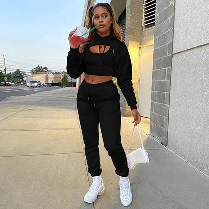 Women 3 Pieces Sets Sweatpants and Hoodie Set Cropped Tops Fleece Pants Suit Tracksuit Fitness Sport Jogger Outfit Clothing black