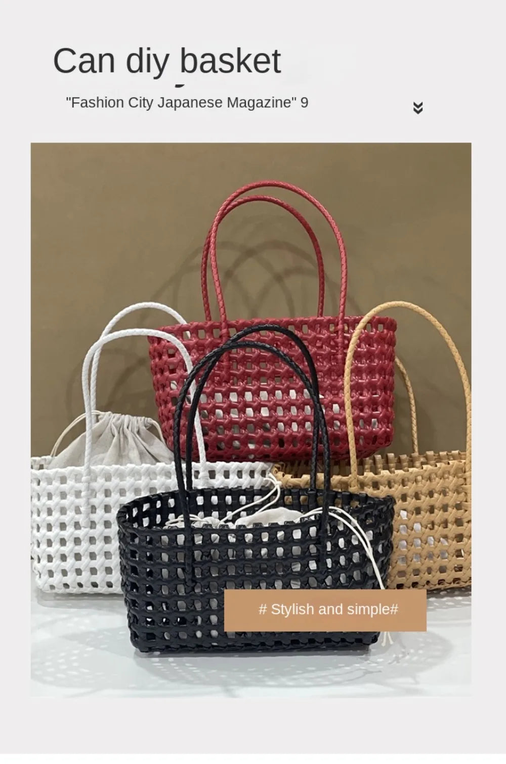 Plastic Hollow Weave Bag Countryside Style Bohemian Style Beach Tote Bag Large Capacity Bucket Bag Vegetable Basket Bag