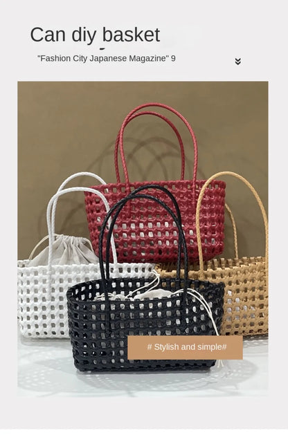 Plastic Hollow Weave Bag Countryside Style Bohemian Style Beach Tote Bag Large Capacity Bucket Bag Vegetable Basket Bag